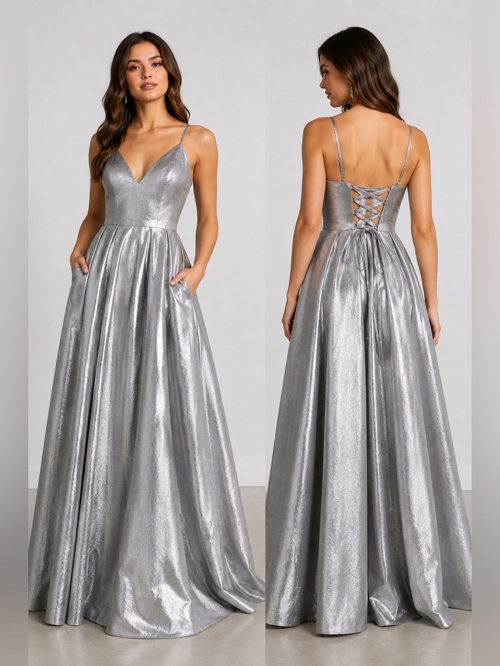 Happy Times Metallic Silver Corset Back Prom Ball Gown Pockets NWT Size 8
